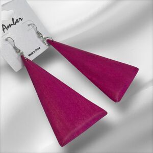 Vintage Wood Silver Tone Triangle Earrings Style Fashion Elegant Boho VTG NWOT